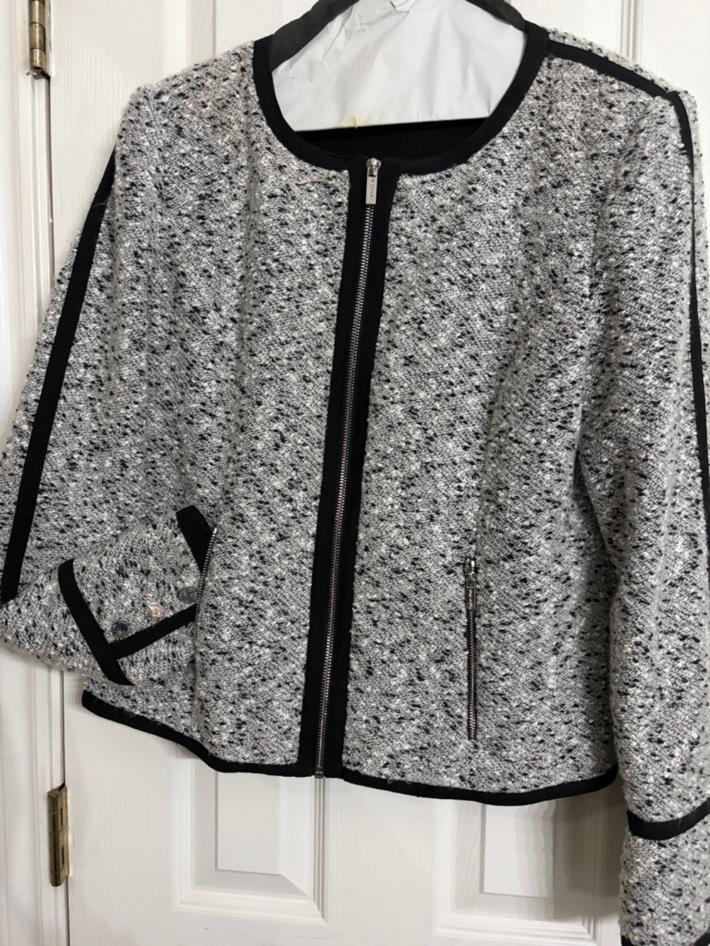 Calvin Klein Black-Trim Gray Tweed Zip Jacket